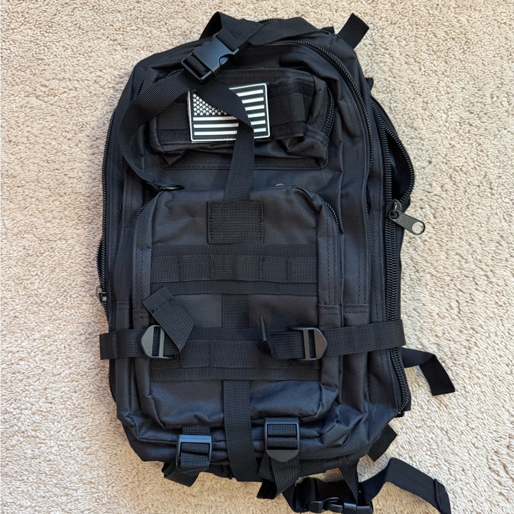 Black Tactical Backpack One Size Zip Closure MOLLE Straps Men American Flag